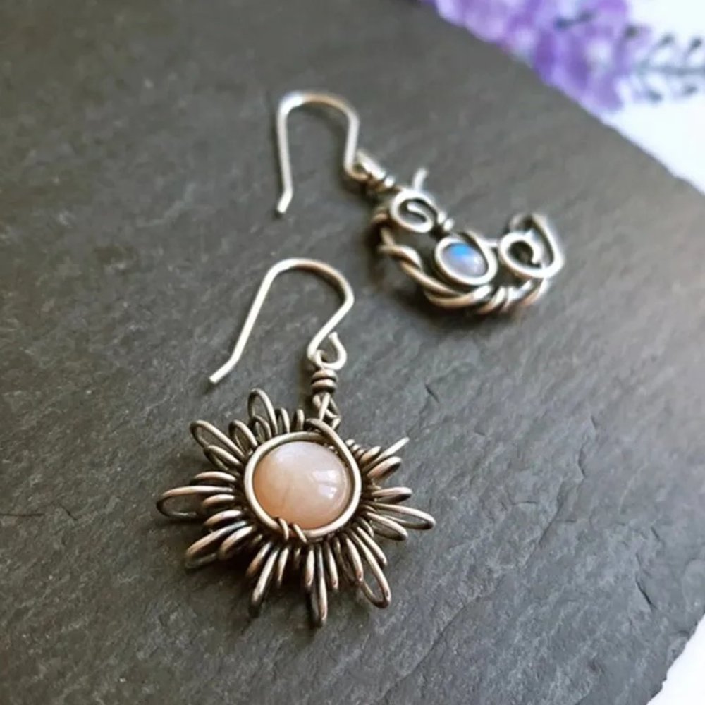 Handmade Moonstone & Antique Silver Wire Crescent Moon and Sun Dangle Earrings - Picture 5 of 5